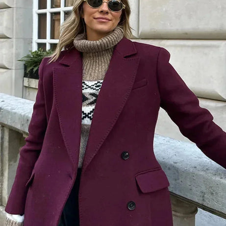 Manteau long femme double boutonnage bordeaux avec col à revers