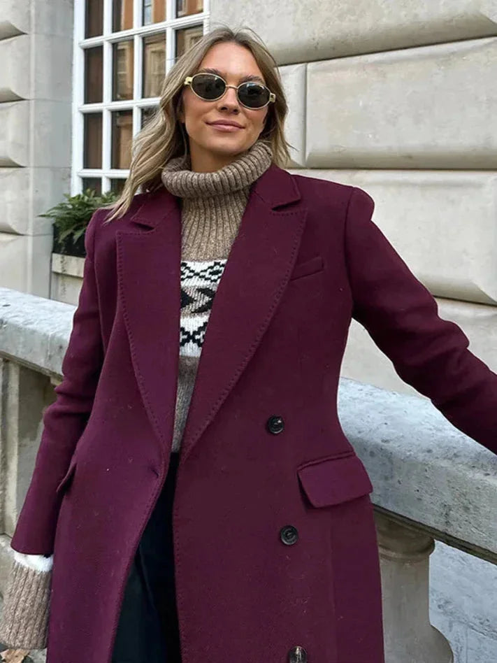 Manteau long femme double boutonnage bordeaux avec col à revers