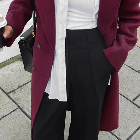 Manteau long femme double boutonnage bordeaux avec col à revers