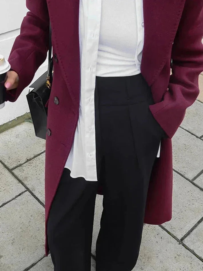 Manteau long femme double boutonnage bordeaux avec col à revers