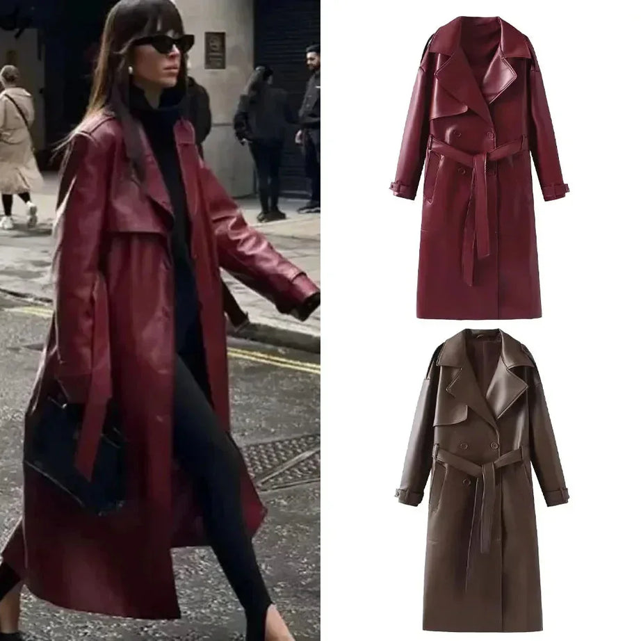 Manteau long femme effet cuir style contemporain