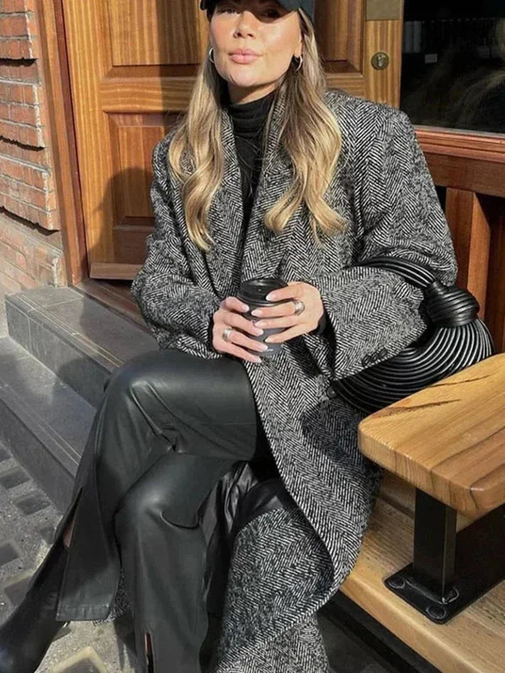 Manteau long gris femme manches longues tendance