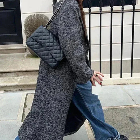 Manteau long gris femme manches longues tendance
