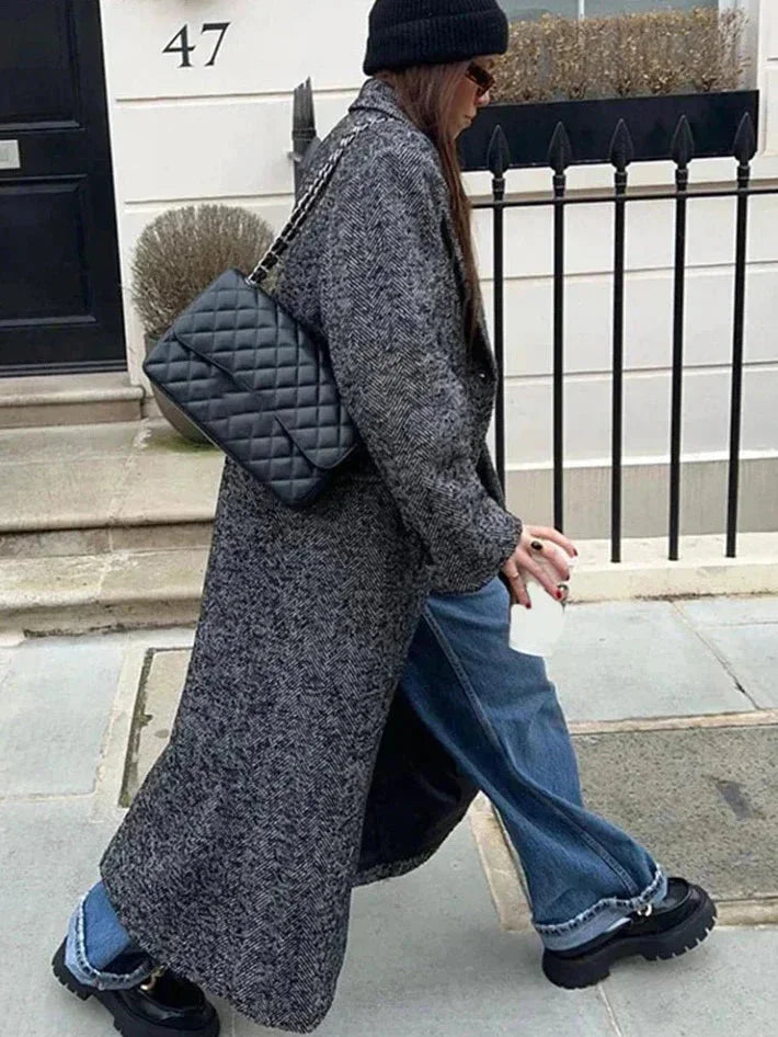 Manteau long gris femme manches longues tendance