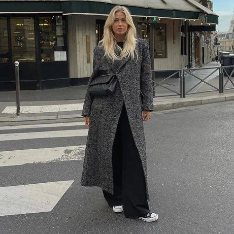 Manteau long gris femme manches longues tendance