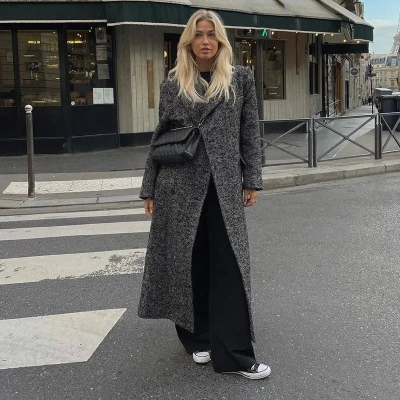 Manteau long gris femme manches longues tendance
