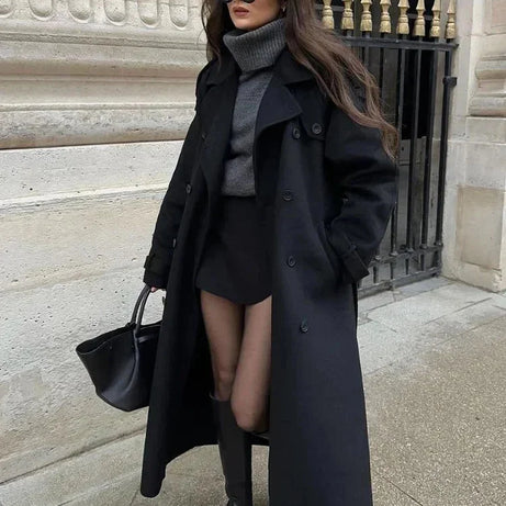 Manteau long noir femme avec ceinture et larges revers