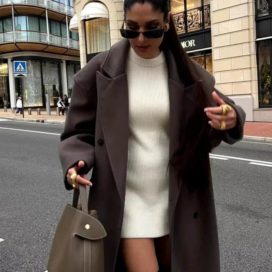 Manteau oversize femme marron à double boutonnage