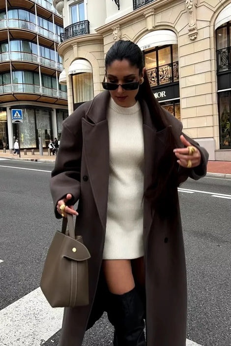 Manteau oversize femme marron à double boutonnage