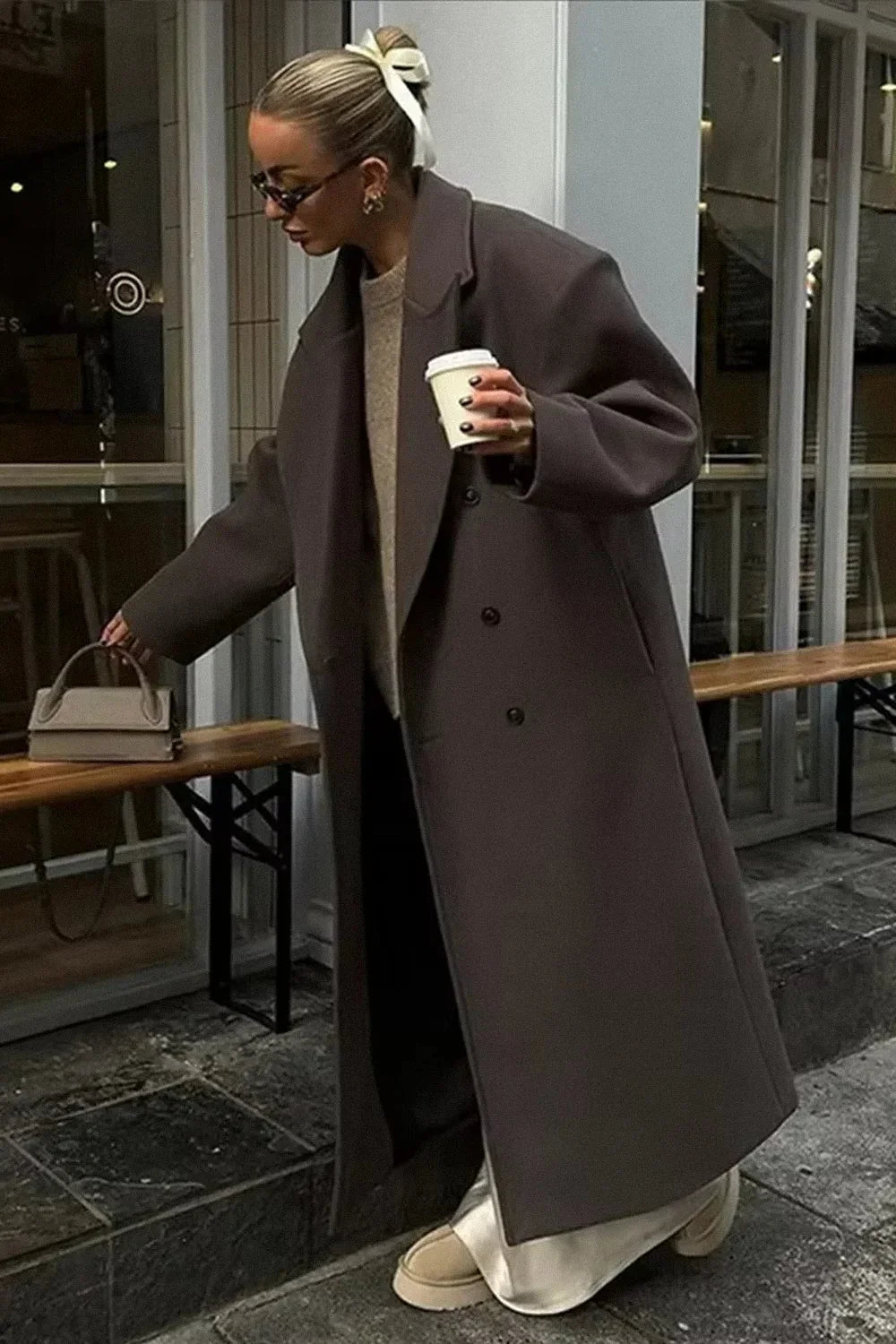 Manteau oversize femme marron à double boutonnage