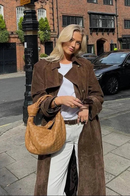 Manteau trench femme marron avec ceinture et revers
