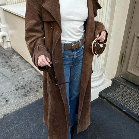 Manteau trench femme marron avec ceinture et revers