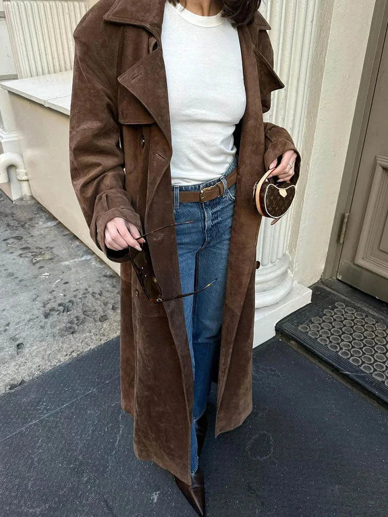 Manteau trench femme marron avec ceinture et revers