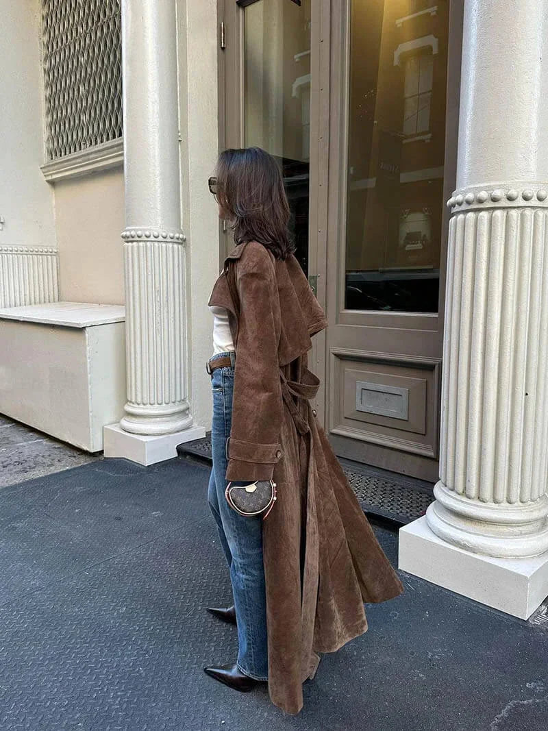 Manteau trench femme marron avec ceinture et revers