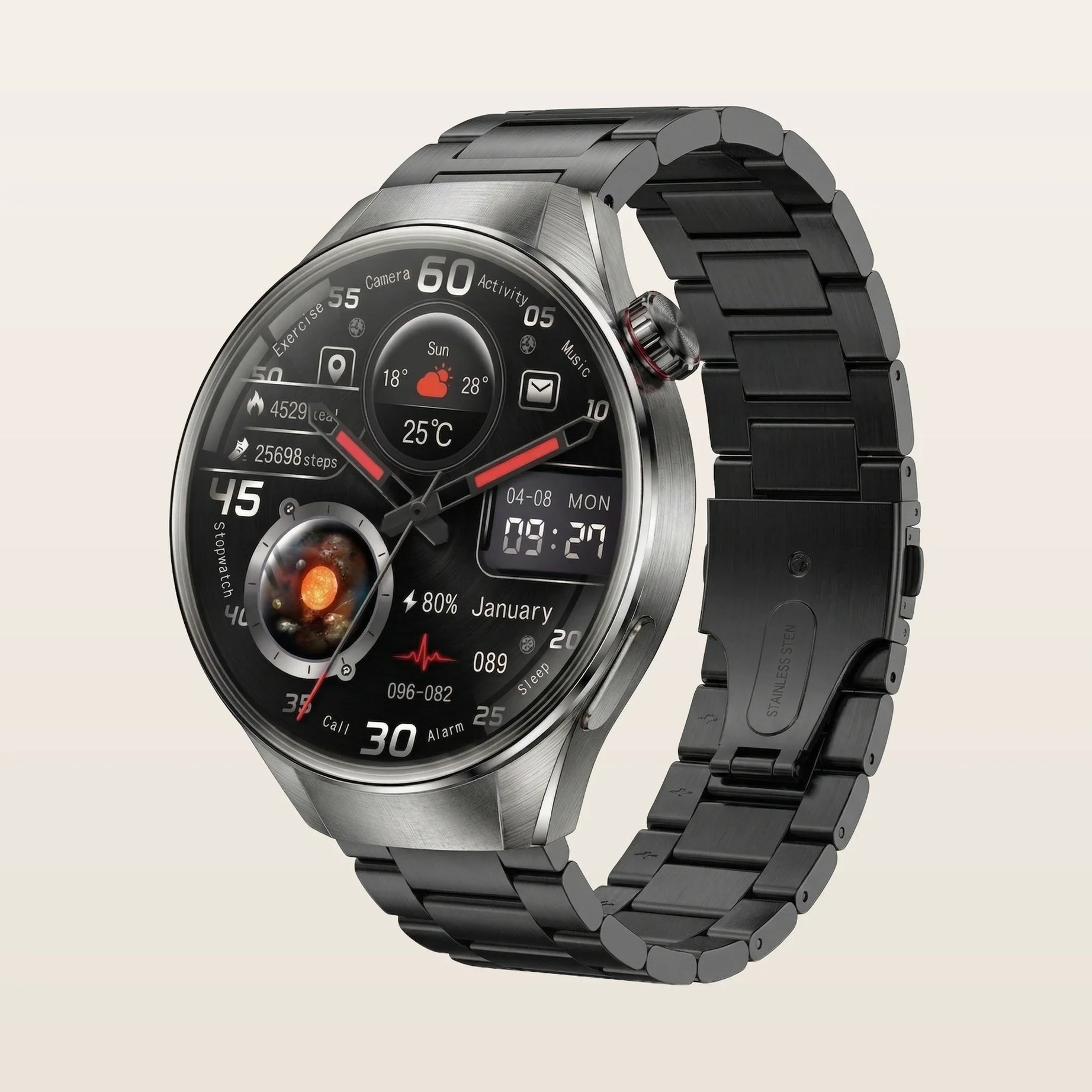 Montre Connectée Homme Femme GPS Grand Écran - Pulzena Orbix Bracelet Acier