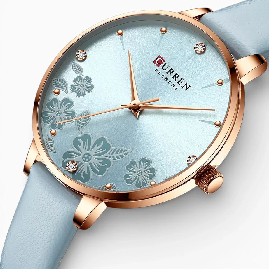 Montre Femme Fine Bracelet Cuir Bleu Ciel