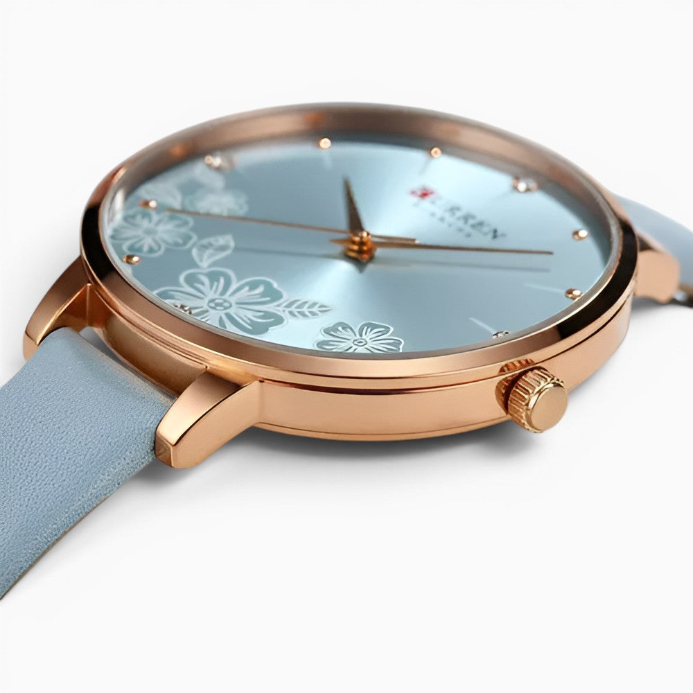 Montre Femme Fine Bracelet Cuir Bleu Ciel