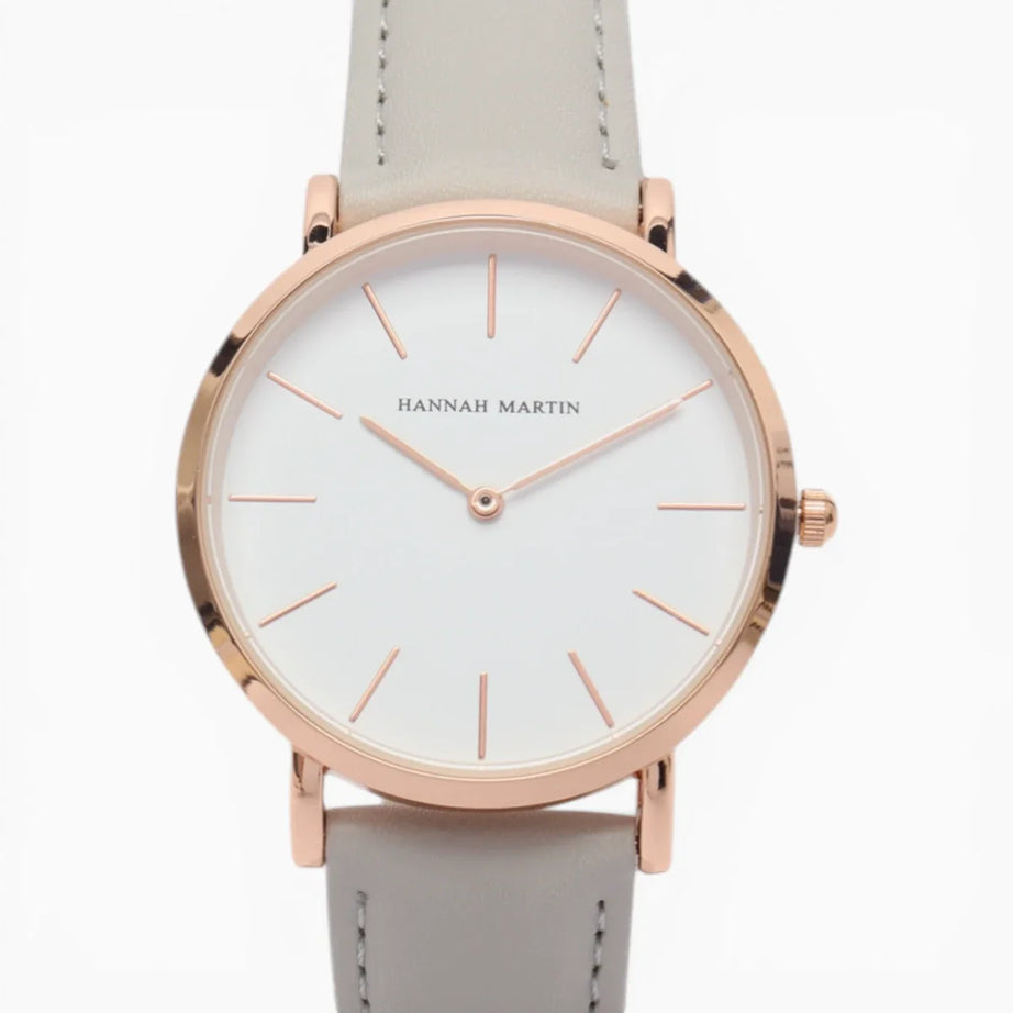 Montre Femme Bracelet Cuir Gris Cadran Blanc