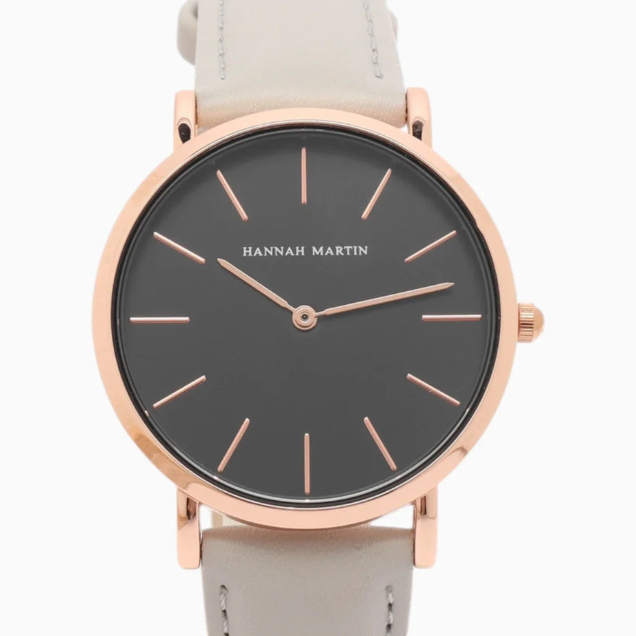 Montre Femme Bracelet Cuir Gris Cadran Noir