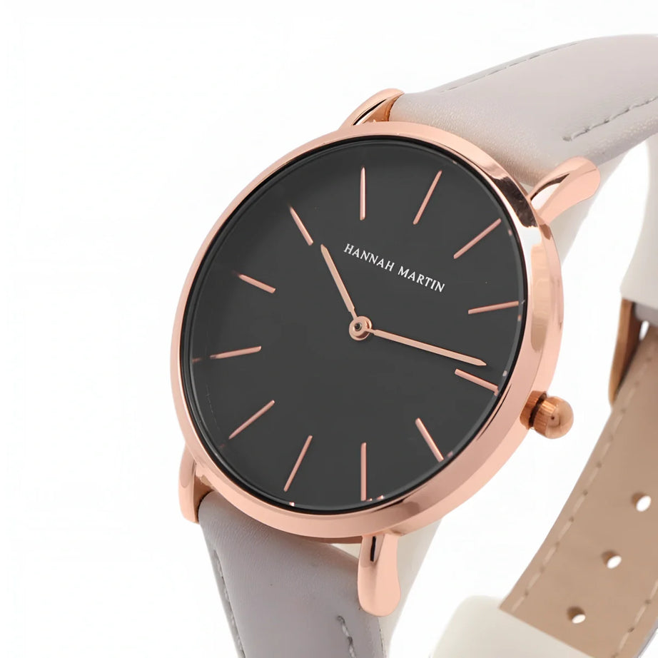 Montre Femme Bracelet Cuir Gris Cadran Noir