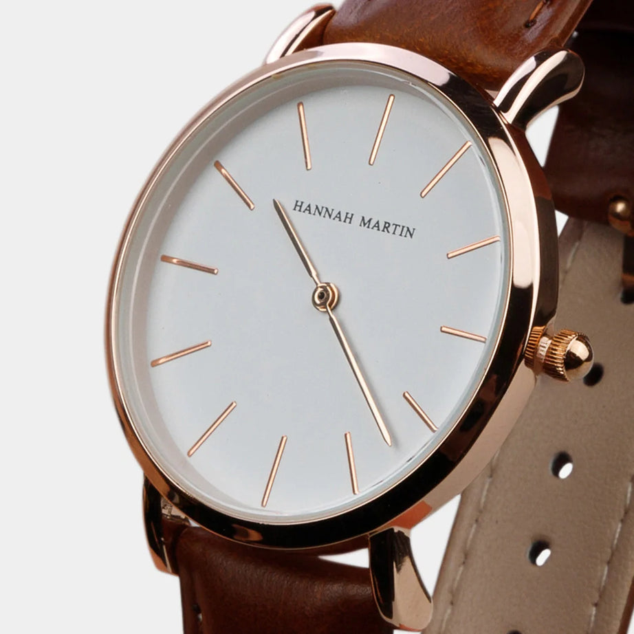Montre Femme Bracelet Cuir Marron Cadran Blanc