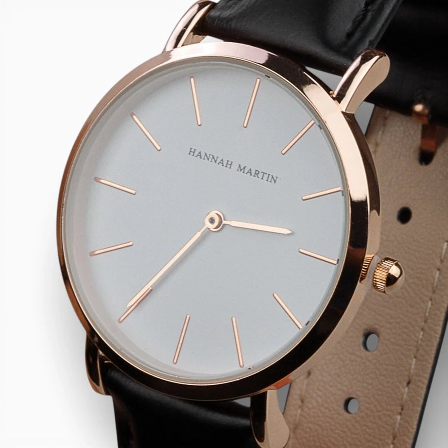 Montre Femme Bracelet Cuir Noir Cadran Blanc