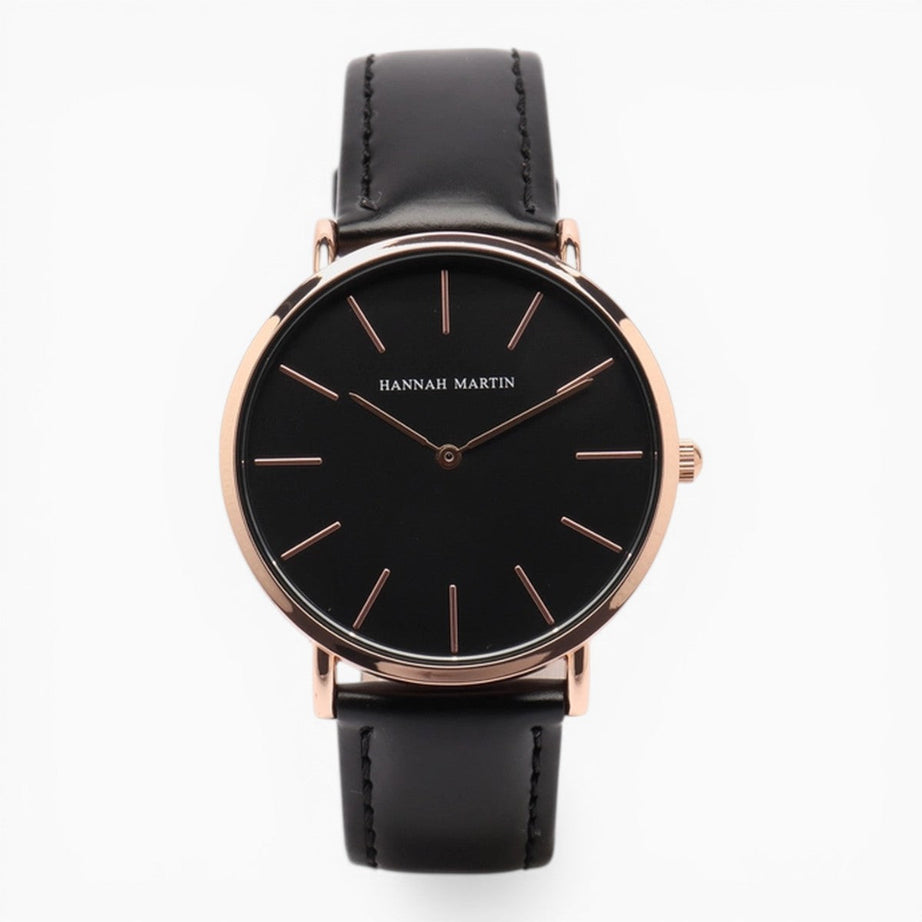 Montre Femme Bracelet Cuir Noir Cadran Noir