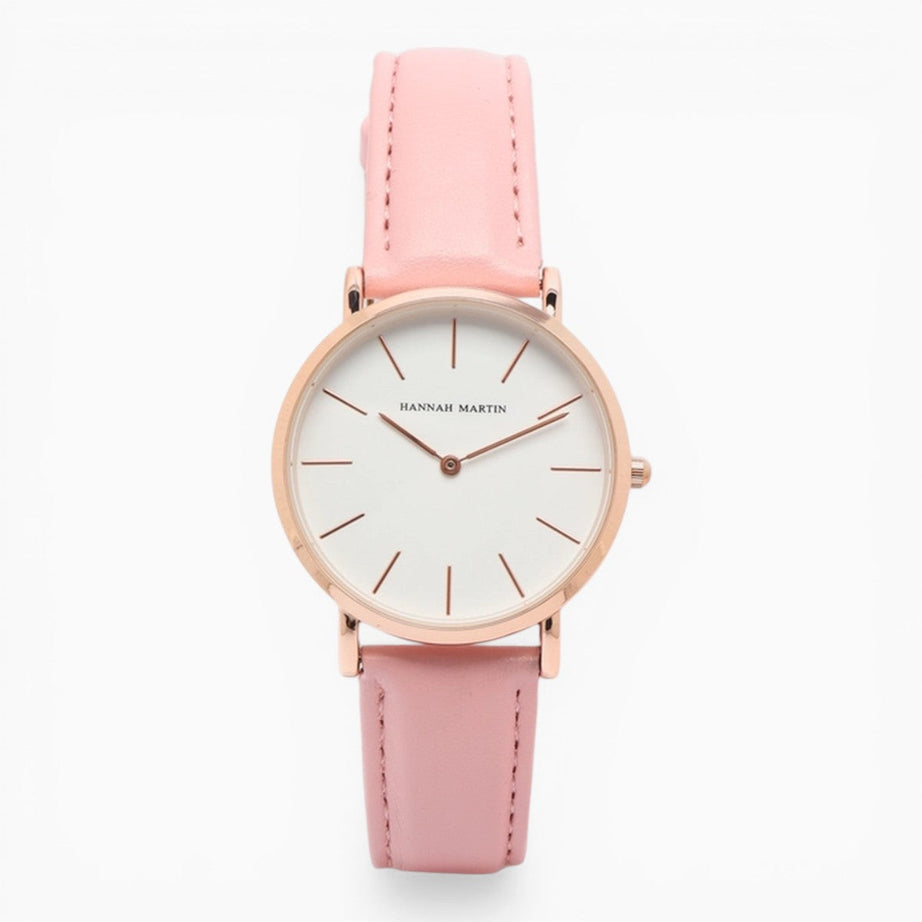 Montre Femme Bracelet Cuir Rose Cadran Blanc