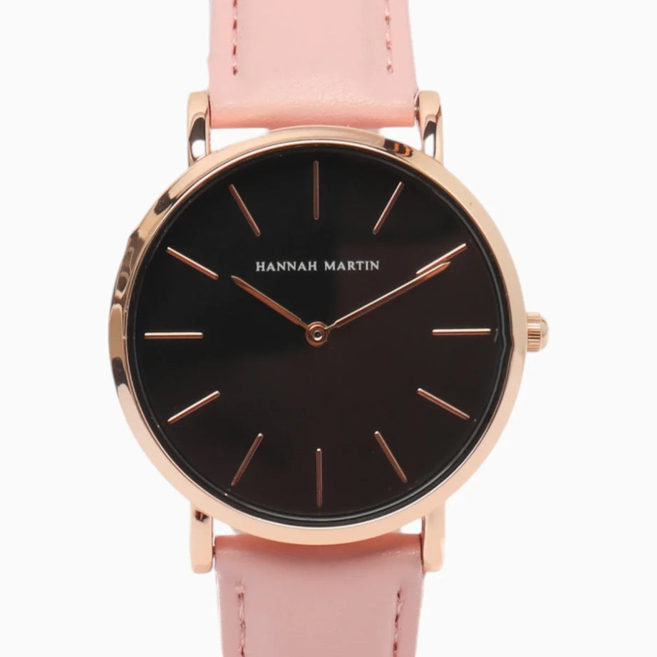 Montre Femme Bracelet Cuir Rose Cadran Noir