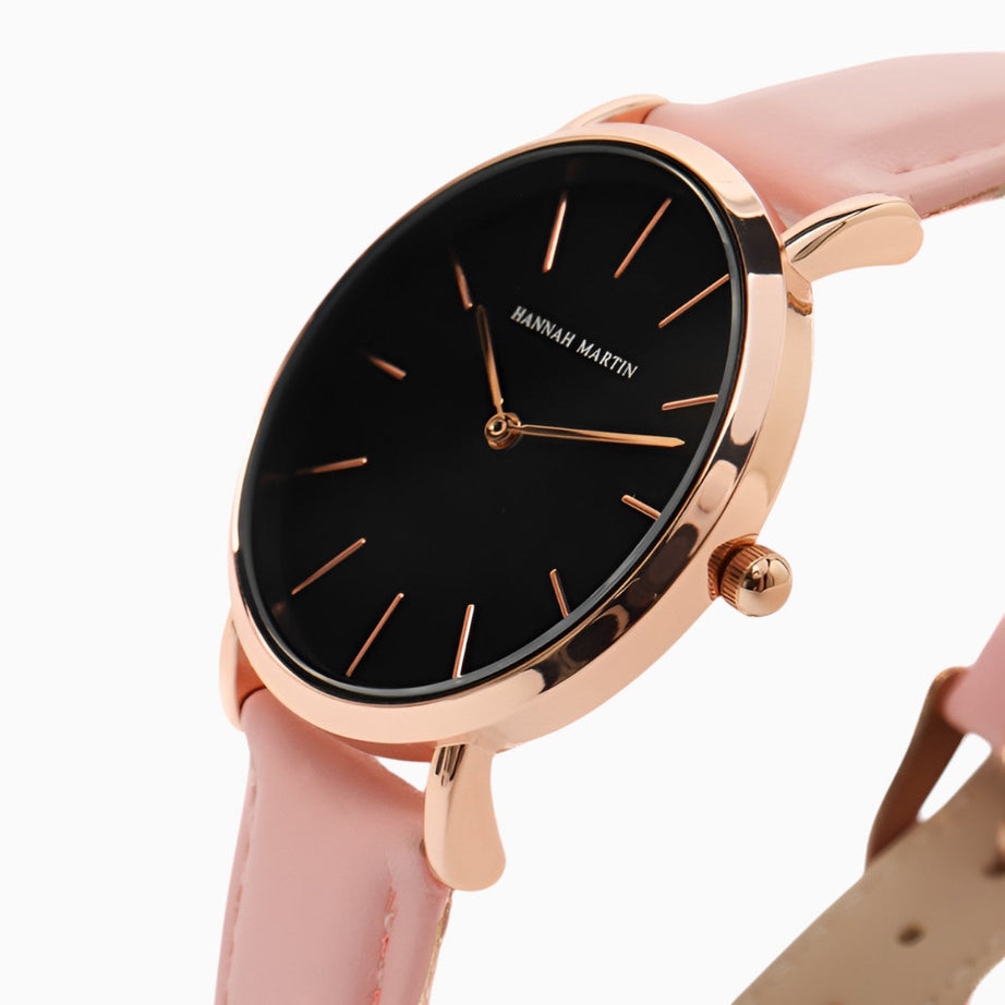 Montre Femme Bracelet Cuir Rose Cadran Noir