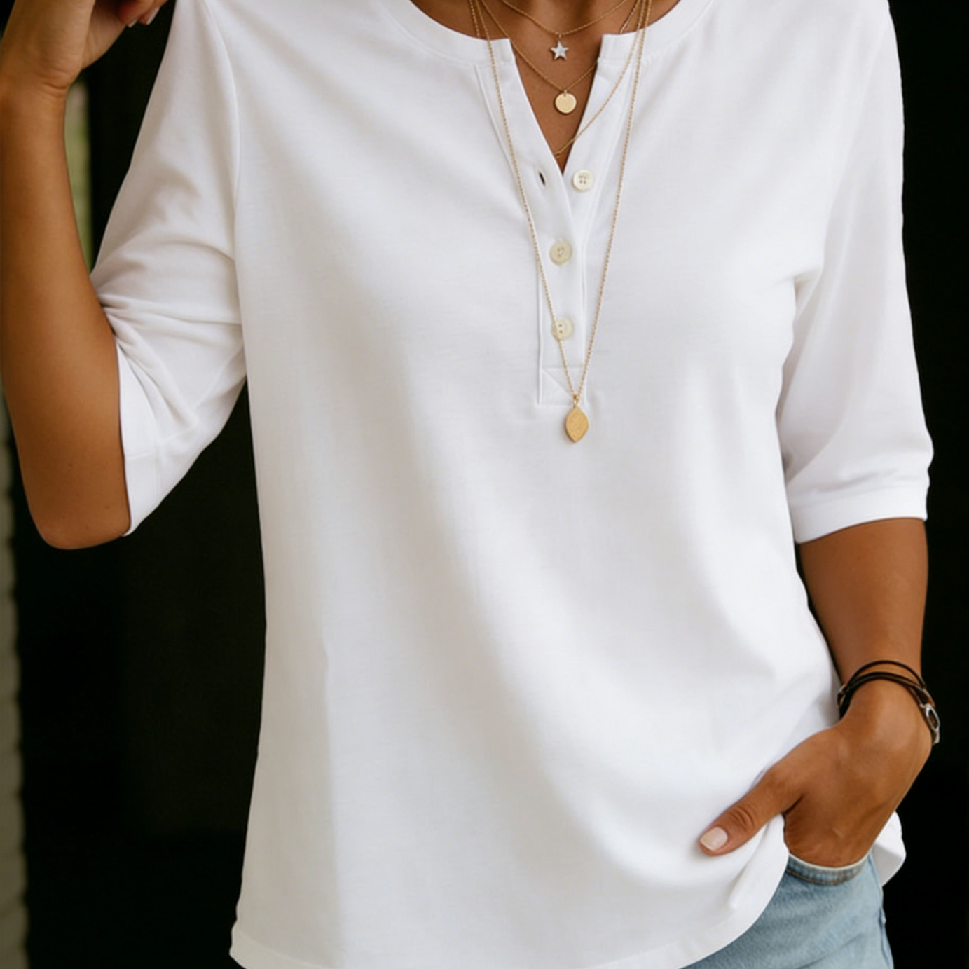 T-shirt Col Henley 100% Coton pour Femme – Haut Décontracté Manches Courtes