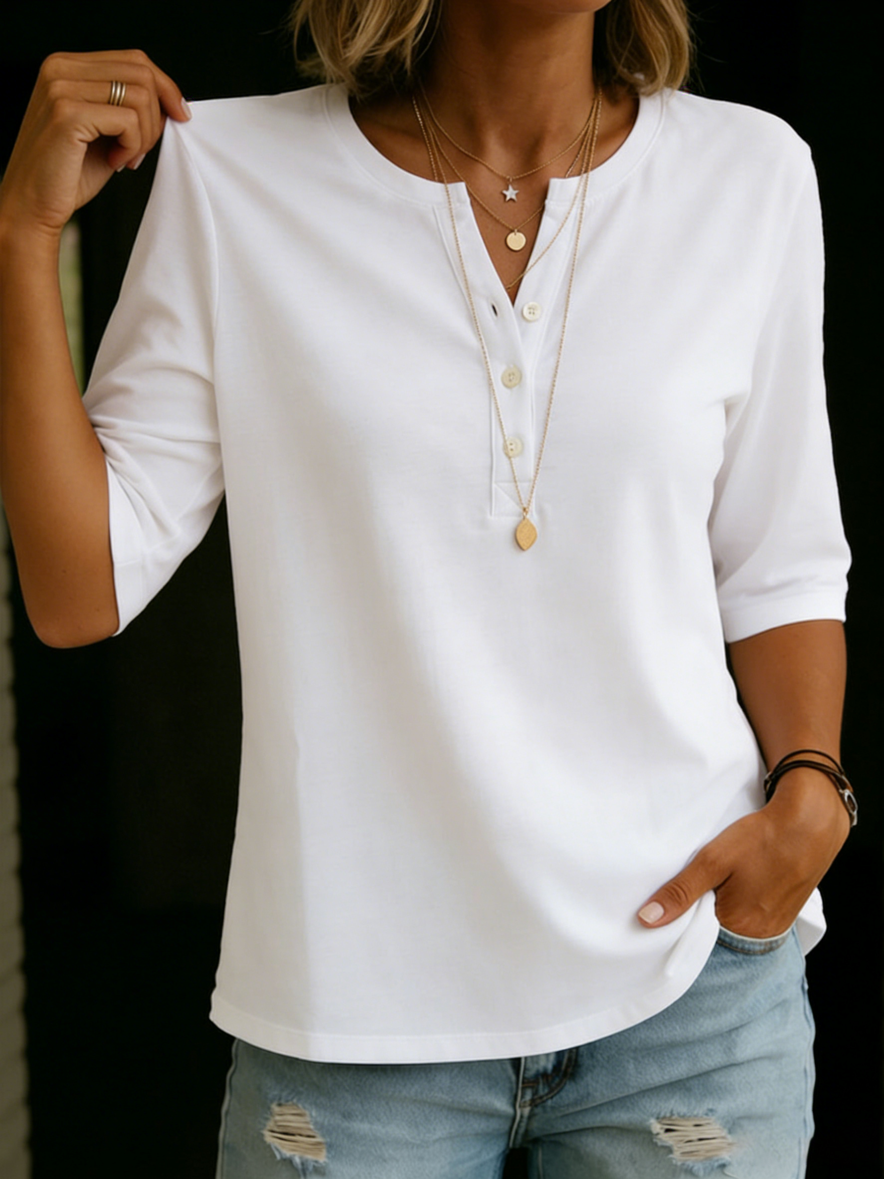 T-shirt Col Henley 100% Coton pour Femme – Haut Décontracté Manches Courtes