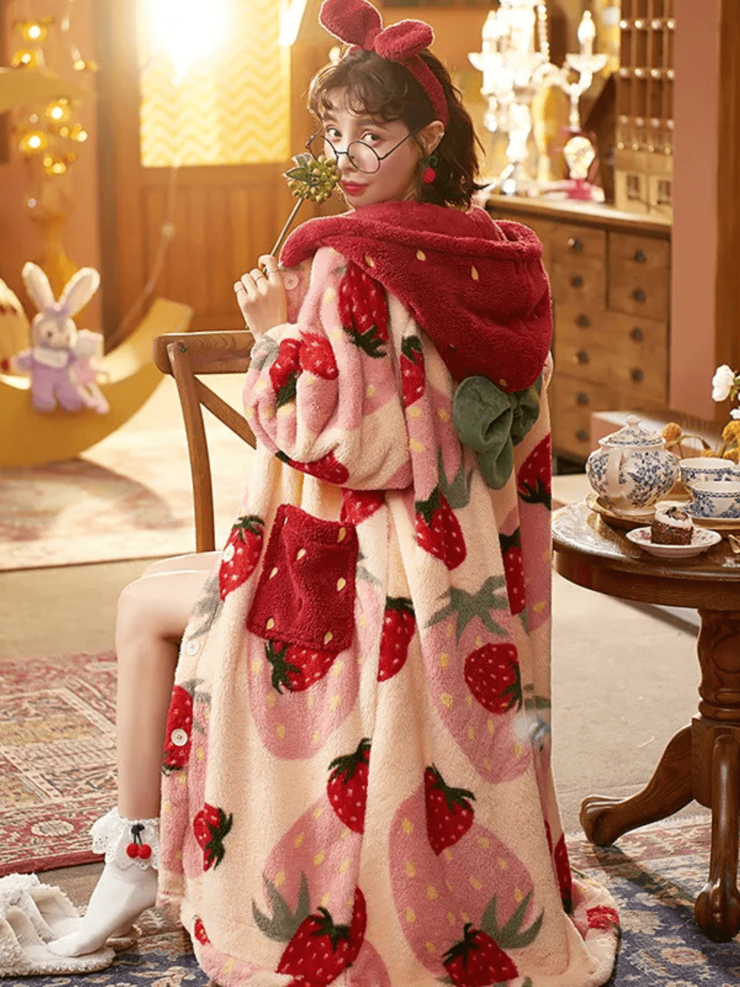Women's Fleece Bathrobe with Strawberry Pattern