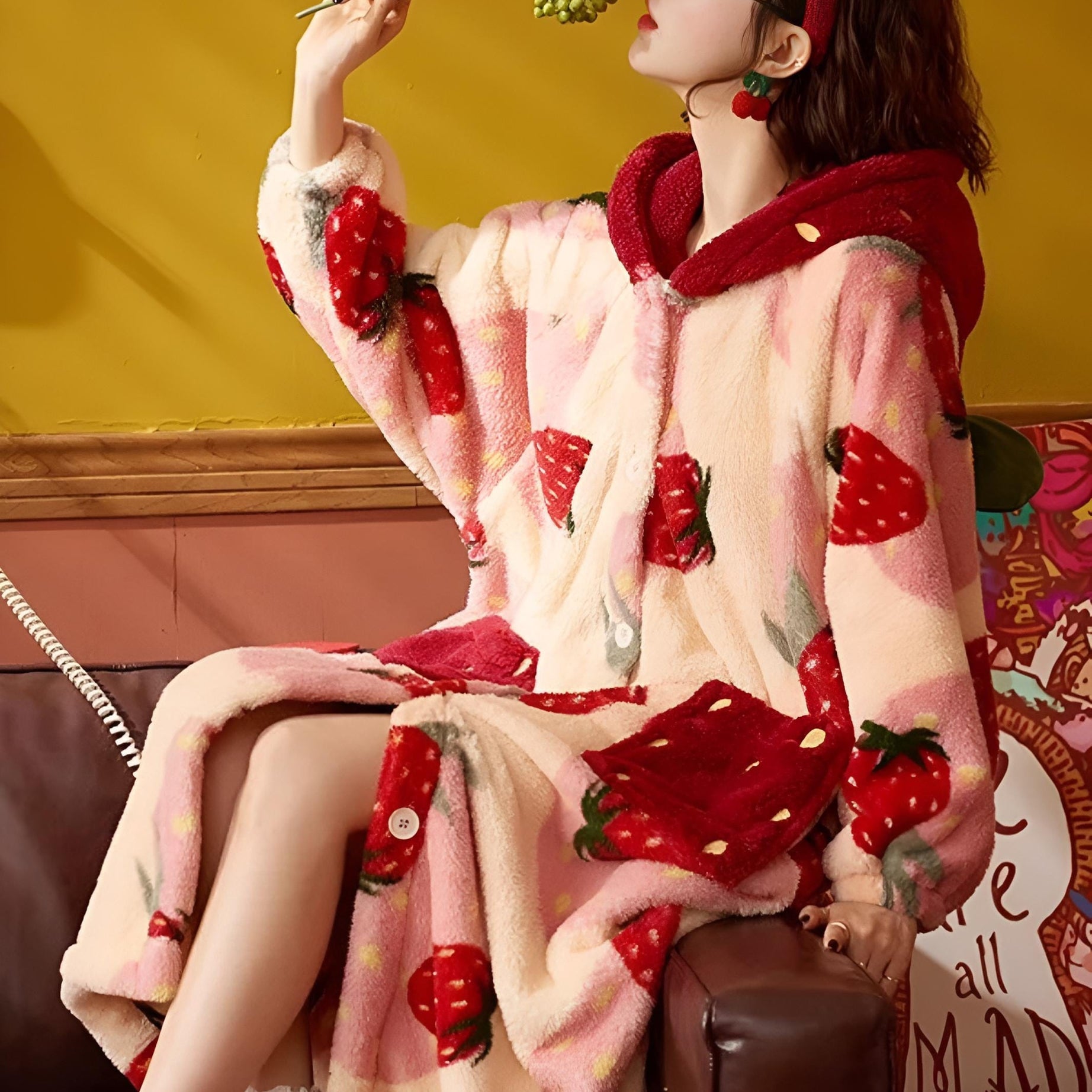 Peignoir femme Polaire à Motif Fraise