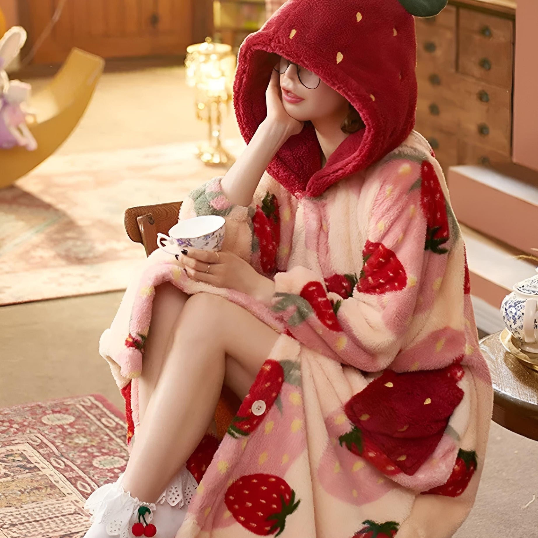 Peignoir femme Polaire à Motif Fraise