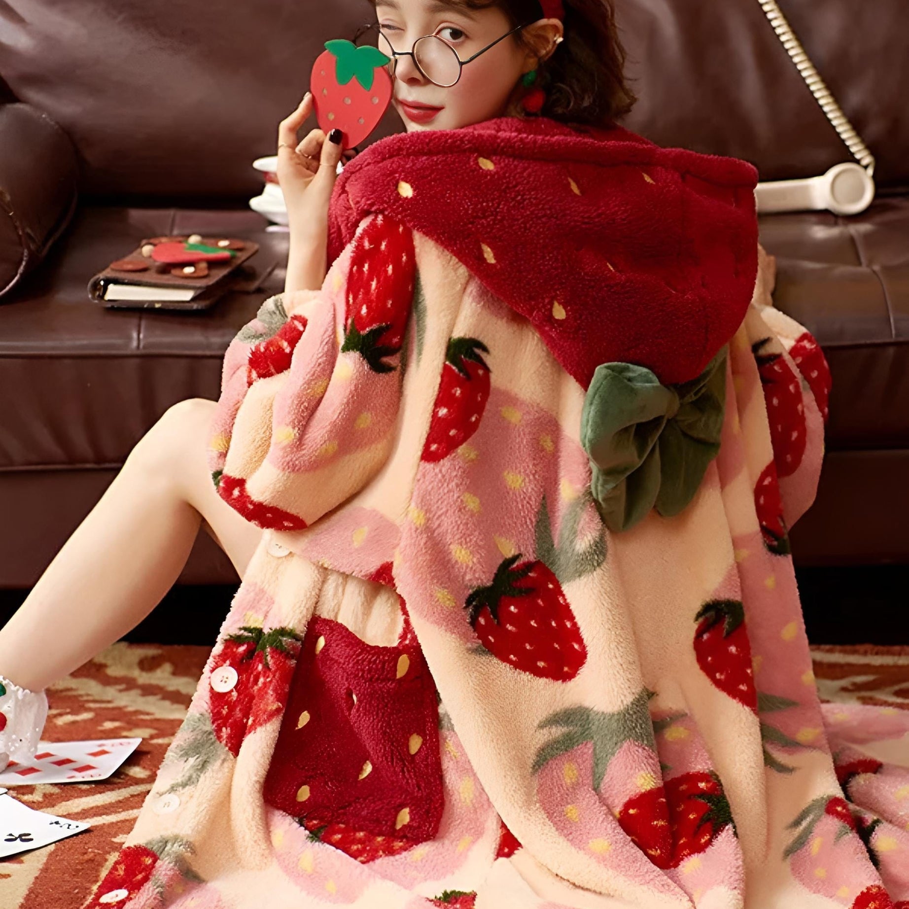 Peignoir femme Polaire à Motif Fraise