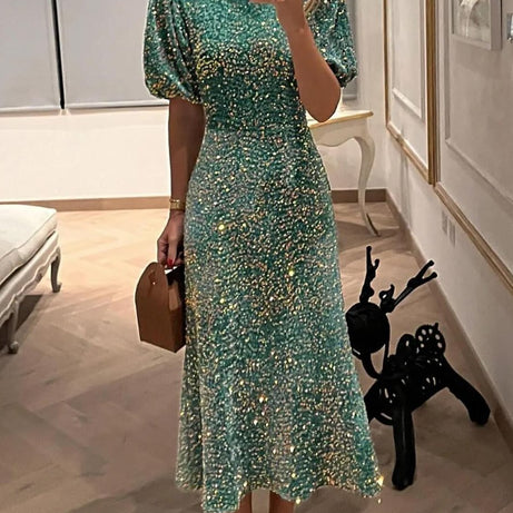 Marlona - Maxi robe de soirée à col rond et manches pailletées