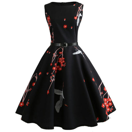 Robe vintage Noire à Fleurs Rouges 60's