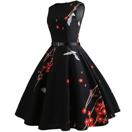 Robe vintage Noire à Fleurs Rouges 60's