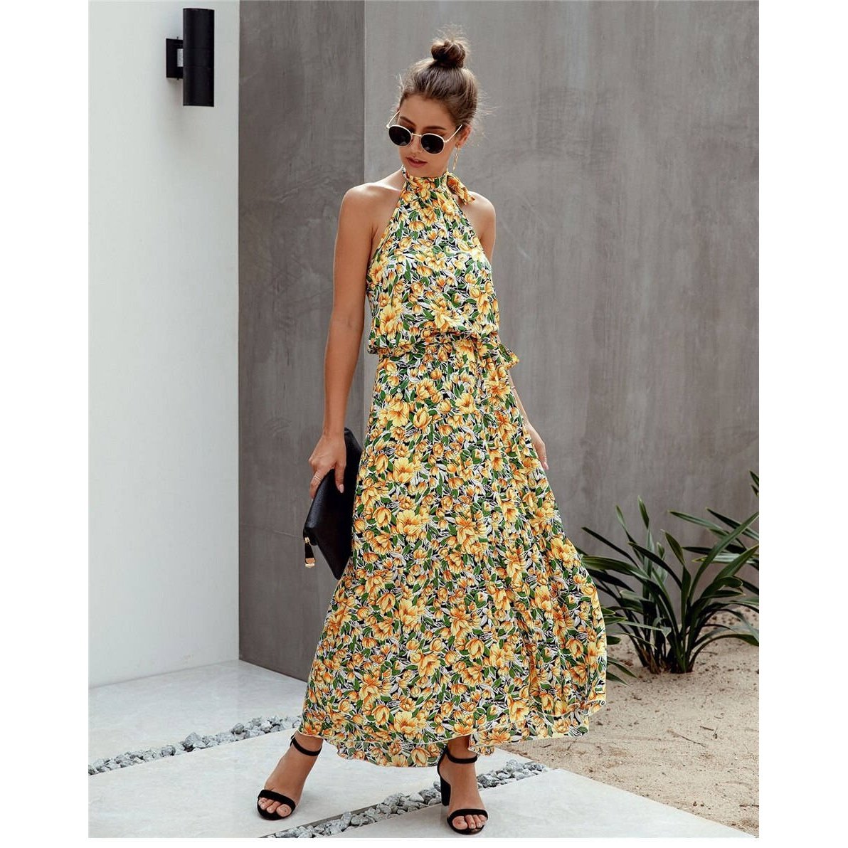 Böhmisches Kleid Blumen Gelb Grün