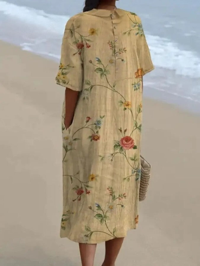 Robe Chemise Florale Rétro - Été - Coton Lin