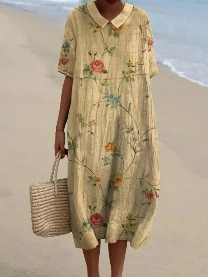 Robe Chemise Florale Rétro - Été - Coton Lin