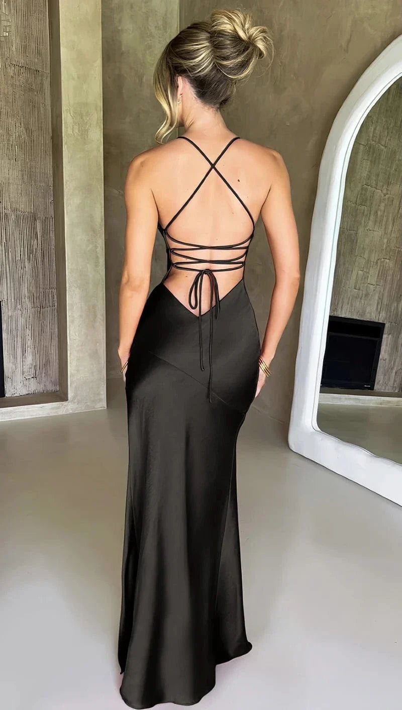 Robe de soirée mariage sexy dos nu satin