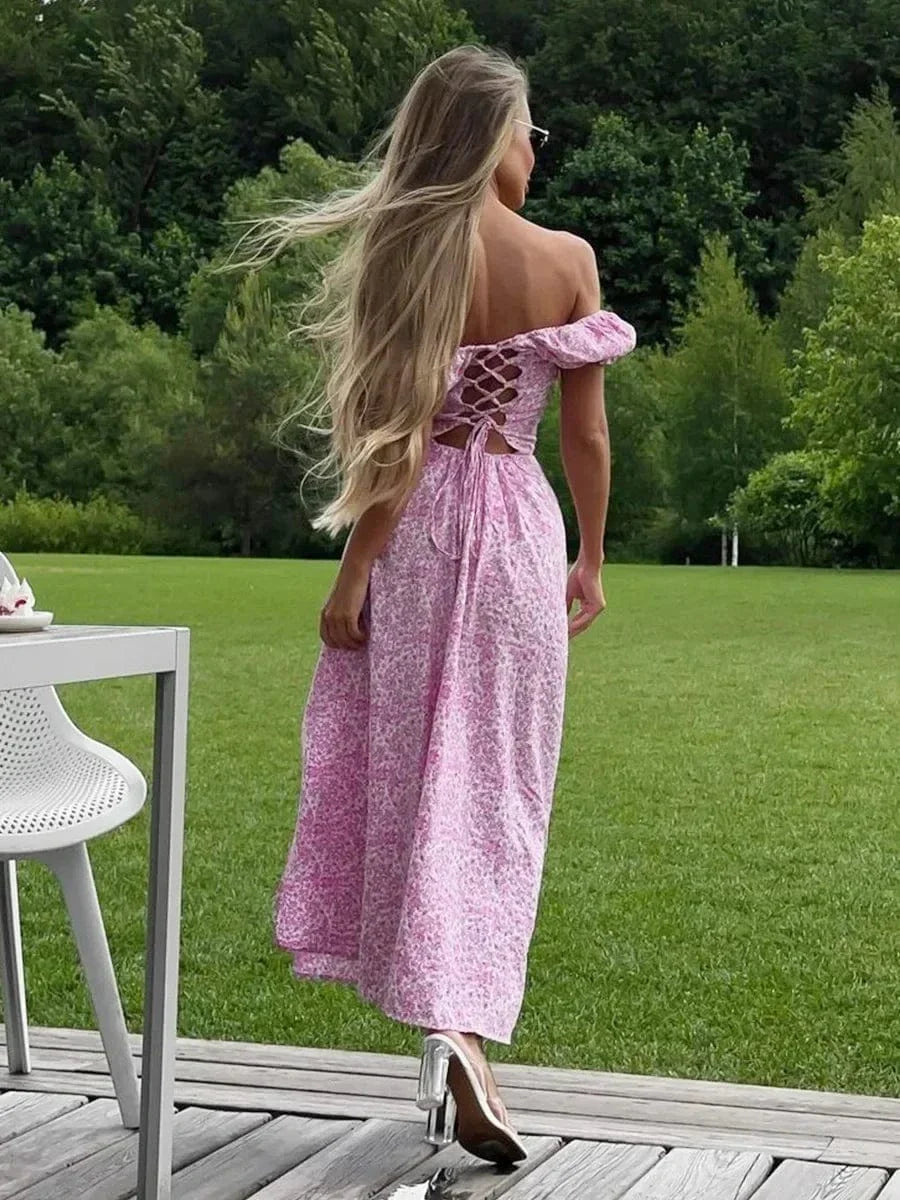 Robe florale sexy fendue épaules dénudées