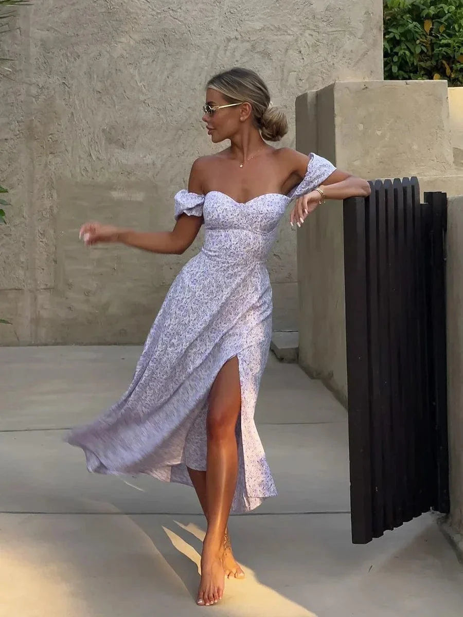 Robe florale sexy fendue épaules dénudées
