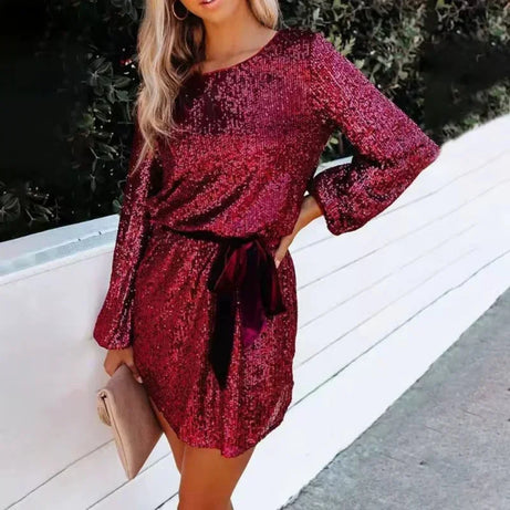 Robe courte femme pailletée avec manches ballon et ceinture