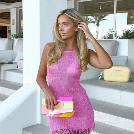 Robe courte femme soirée sans manches franges brillantes