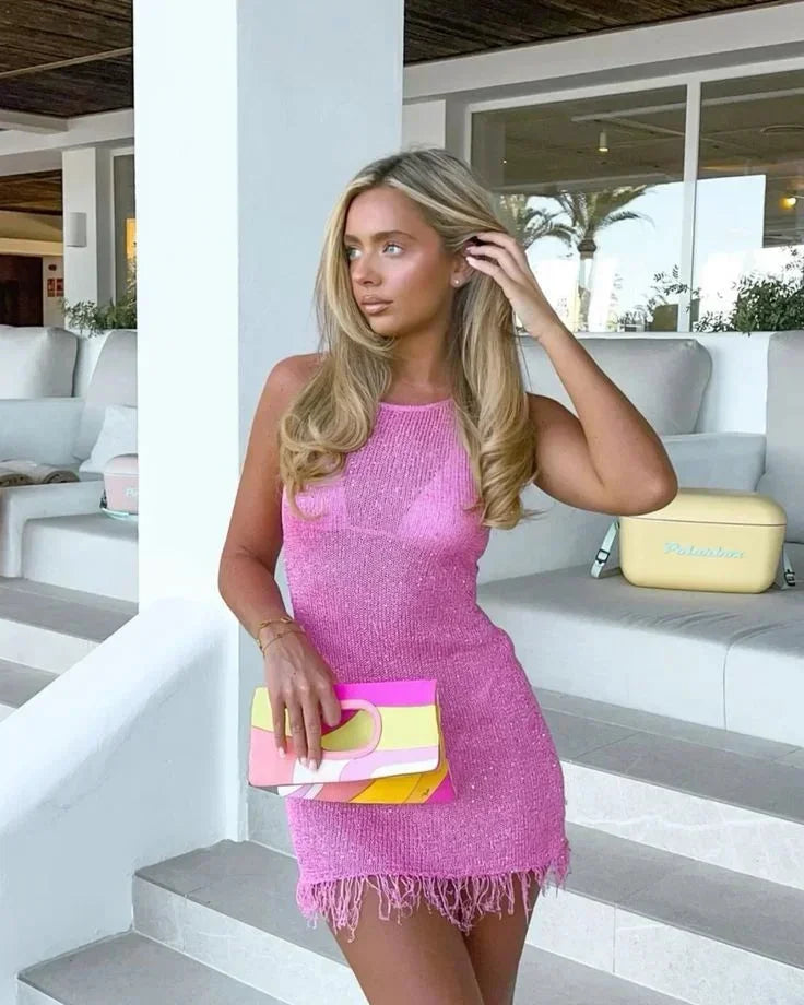 Robe courte femme soirée sans manches franges brillantes