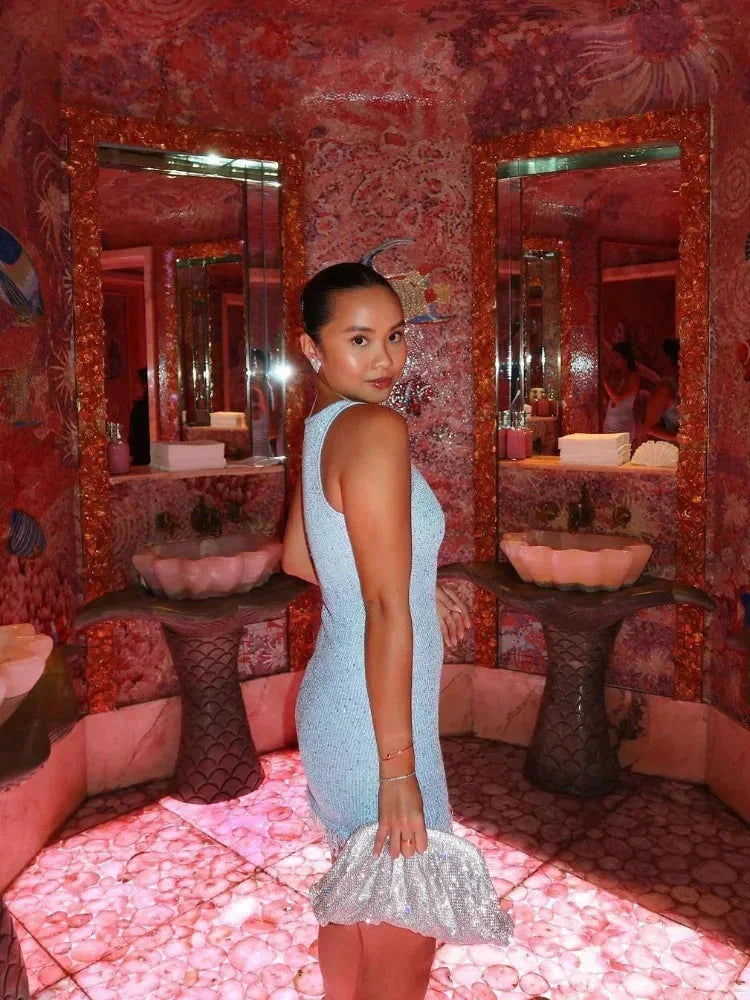 Robe courte femme soirée sans manches franges brillantes