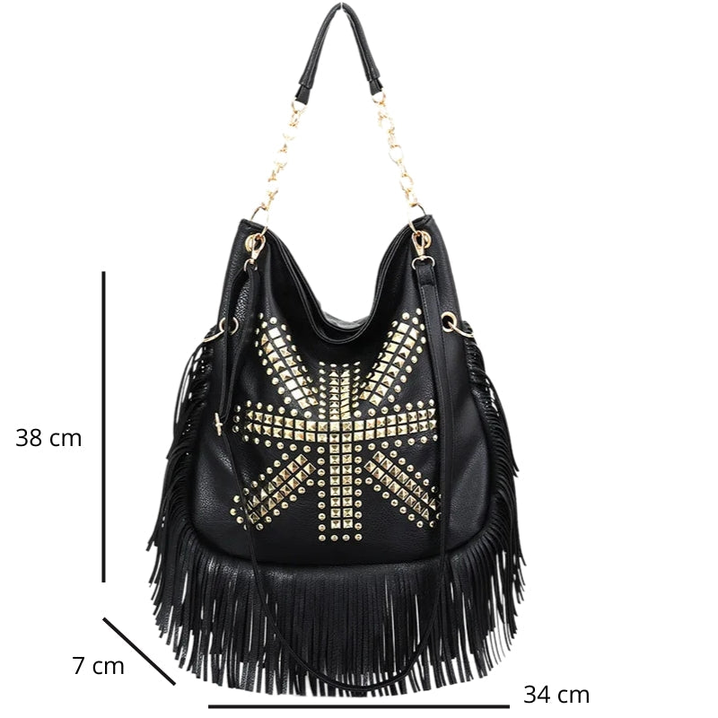 Sac à Main Besace Noir avec Frange et Motif Original
